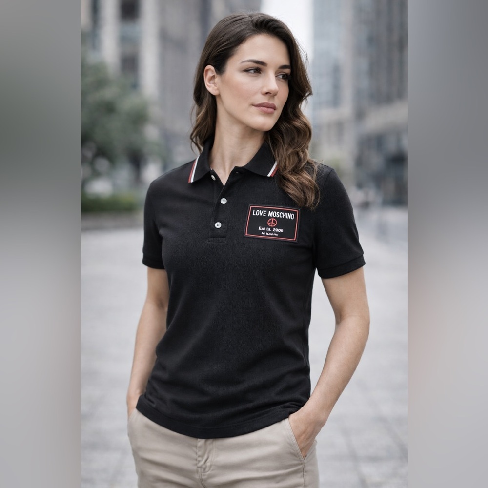 Love Moschino Black Logo Patch Polo Shirt Red White Trim Size M
